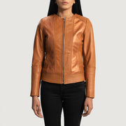 
Close-Up Detail of Classic Collar & Zipper Hardware on Women's Sleeky Clean Tan Leather Biker Jacket