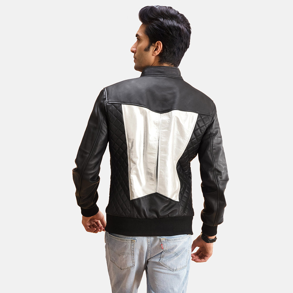 
Spade Silver Black Leather Bomber Jacket - Lateral Side Profile View Showing Sleeve Cut & Athletic Taper Fit