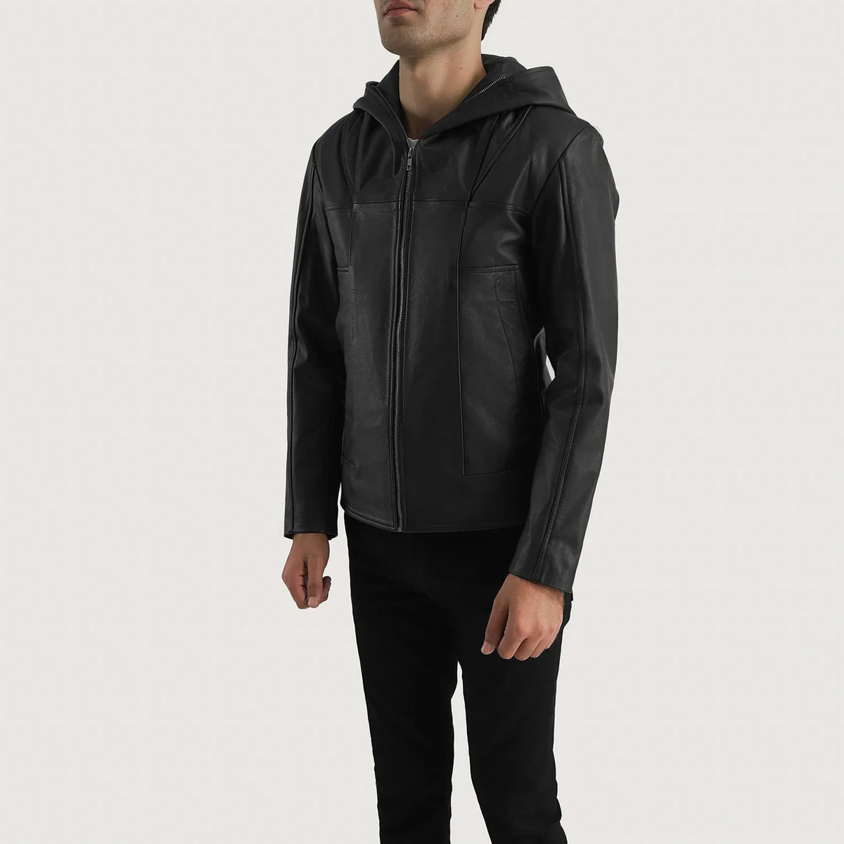 
Men's Spratt Black Hooded Leather Jacket - Lateral Side Profile View Showing Sleeve Cut & Athletic Taper Fit