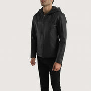 
Men's Spratt Black Hooded Leather Jacket - Lateral Side Profile View Showing Sleeve Cut & Athletic Taper Fit