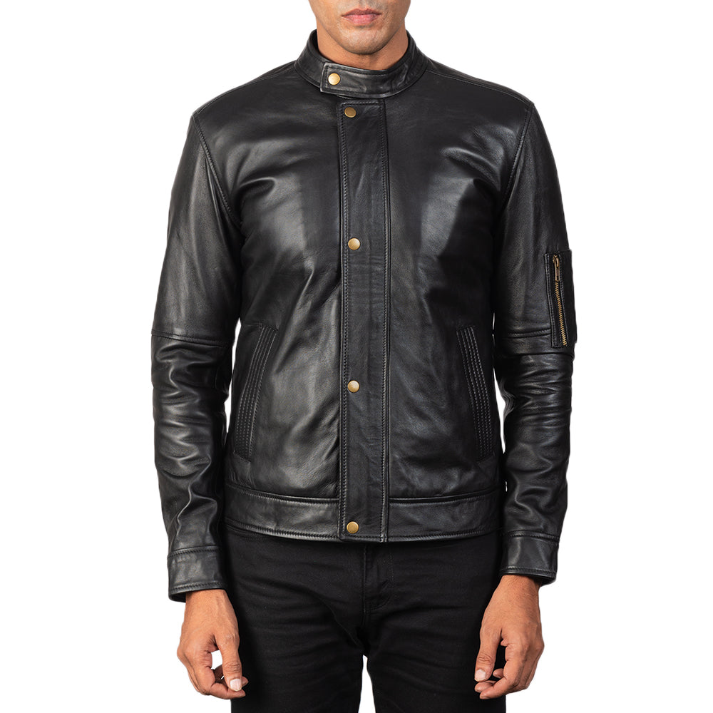 
Men's Tea House Black Leather Biker Jacket - Lateral Side Profile View Showing Sleeve Cut & Athletic Taper Fit
