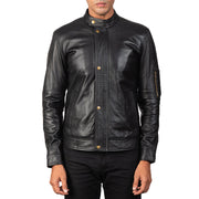 
Men's Tea House Black Leather Biker Jacket - Lateral Side Profile View Showing Sleeve Cut & Athletic Taper Fit