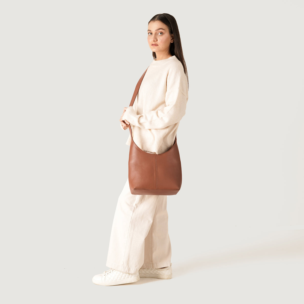 Brown Full-Grain leather Goods - Back View Showing Tailored Shoulder Fit & Clean Hemline
