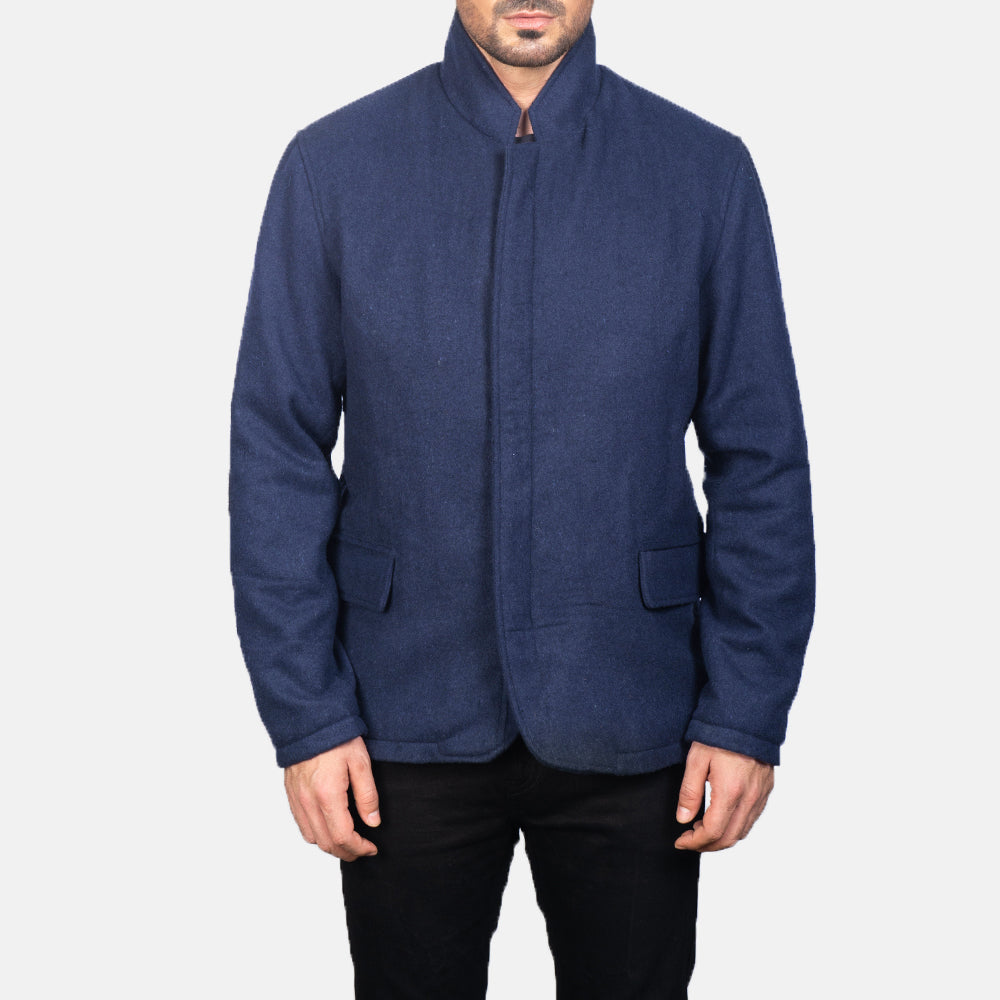 
Close-Up Detail of Nehru & Zipper with Dual Puller Hardware on Men's Thomas Blue Wool Jacket