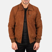 
Men's Tomchi Tan Suede Leather Jacket in Brown Goatskin Suede - Front Profile View & Tailored Silhouette | Buy Online
