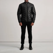 
Travis Black Leather Puffer Jacket - Lateral Side Profile View Showing Sleeve Cut & Athletic Taper Fit