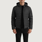 
Tyler Black Hooded Puffer Jacket in Black Full-Grain Leather - Front Profile View & Tailored Silhouette | Buy Online