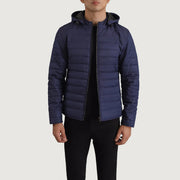 
Tyler Blue Hooded Puffer Jacket in Blue Full-Grain Leather - Front Profile View & Tailored Silhouette | Buy Online