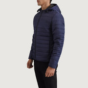 
Blue Full-Grain Leather Hooded Jacket - Back View Showing Tailored Shoulder Fit & Clean Hemline