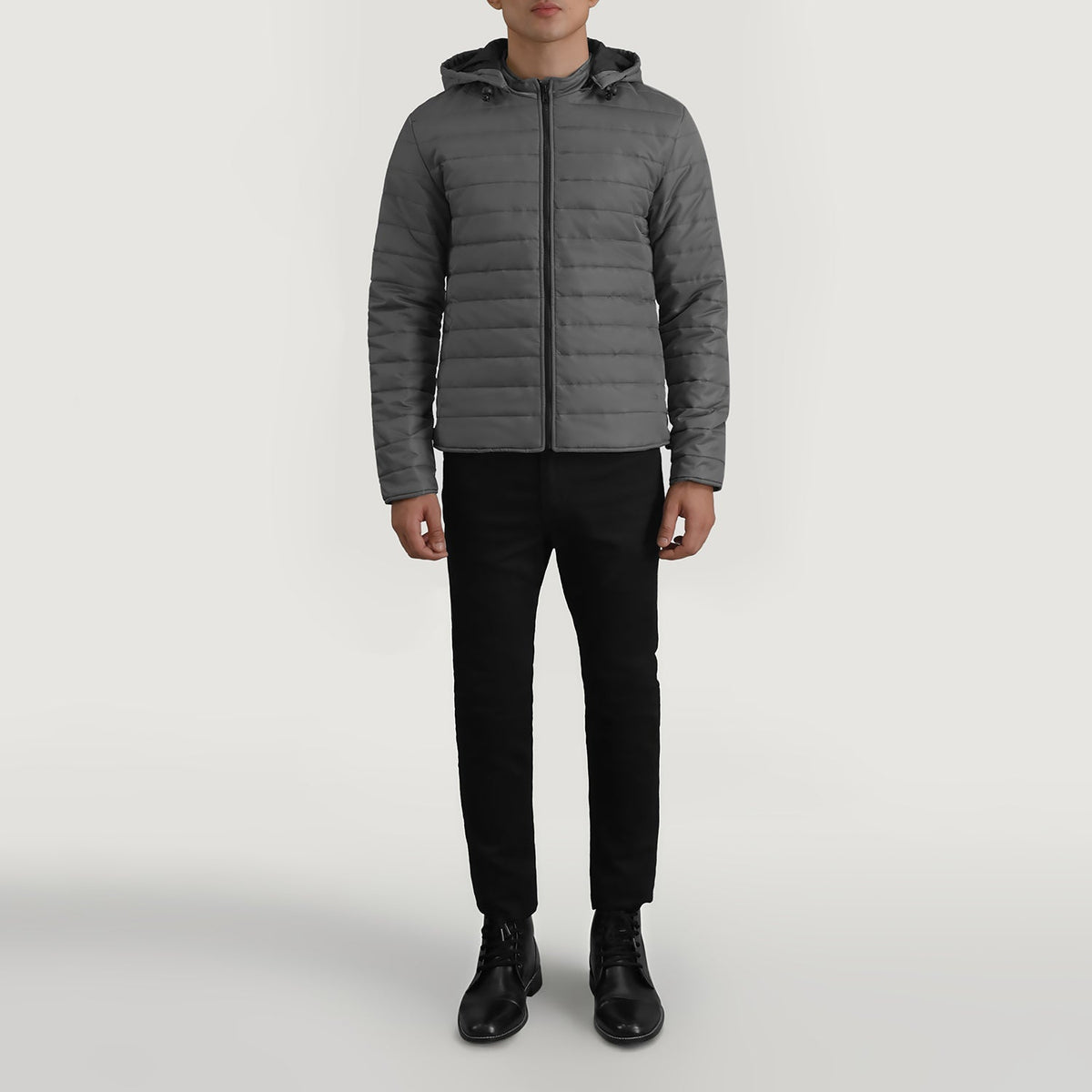 
Tyler Grey Hooded Puffer Jacket - Lateral Side Profile View Showing Sleeve Cut & Athletic Taper Fit