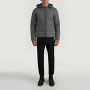 
Tyler Grey Hooded Puffer Jacket - Lateral Side Profile View Showing Sleeve Cut & Athletic Taper Fit