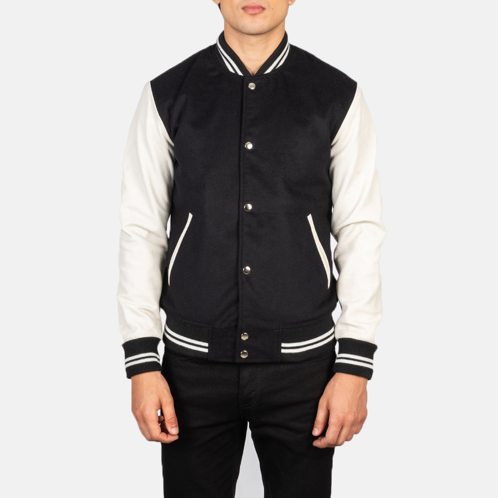 
Close-Up Detail of Varsity & Snap Buttons Hardware on Men's Vaxton Black & White Hybrid Varsity Jacket