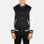 
Close-Up Detail of Varsity & Snap Buttons Hardware on Men's Vaxton Black & White Hybrid Varsity Jacket