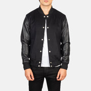
Men's Vaxton Black Hybrid Varsity Jacket in Black Sheepskin Leather - Front Profile View & Tailored Silhouette | Buy Online