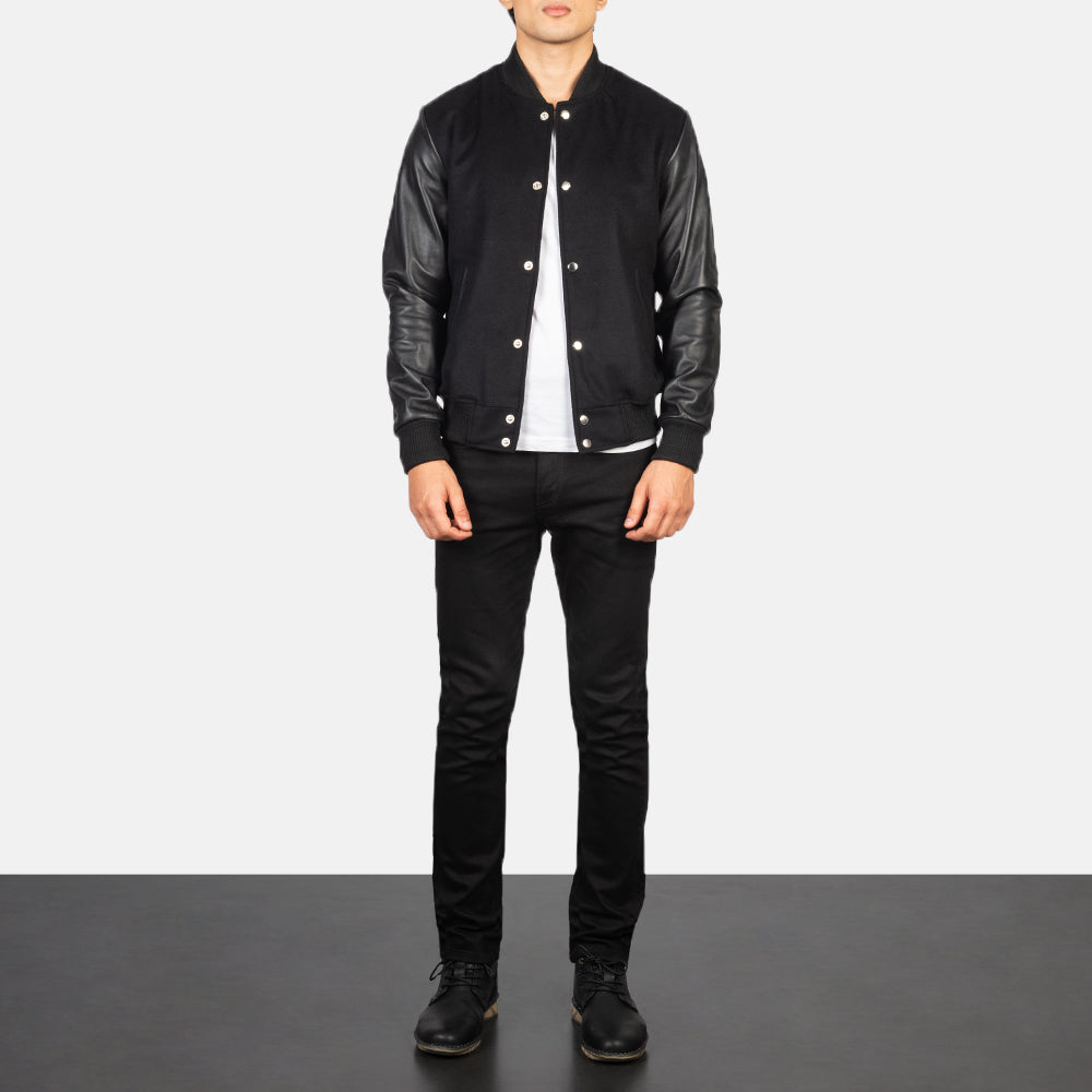 
Men's Vaxton Black Hybrid Varsity Jacket - Lateral Side Profile View Showing Sleeve Cut & Athletic Taper Fit