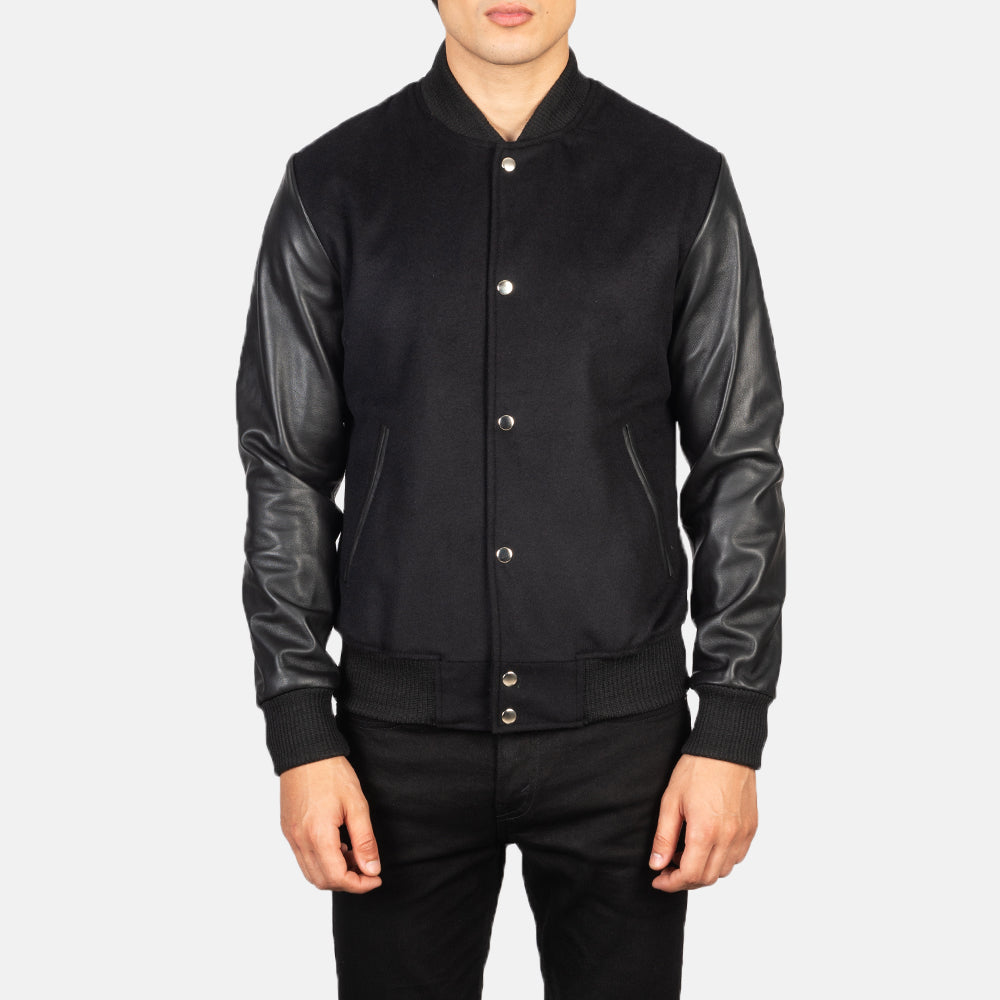 
Close-Up Detail of Varsity & Snap Buttons Hardware on Men's Vaxton Black Hybrid Varsity Jacket