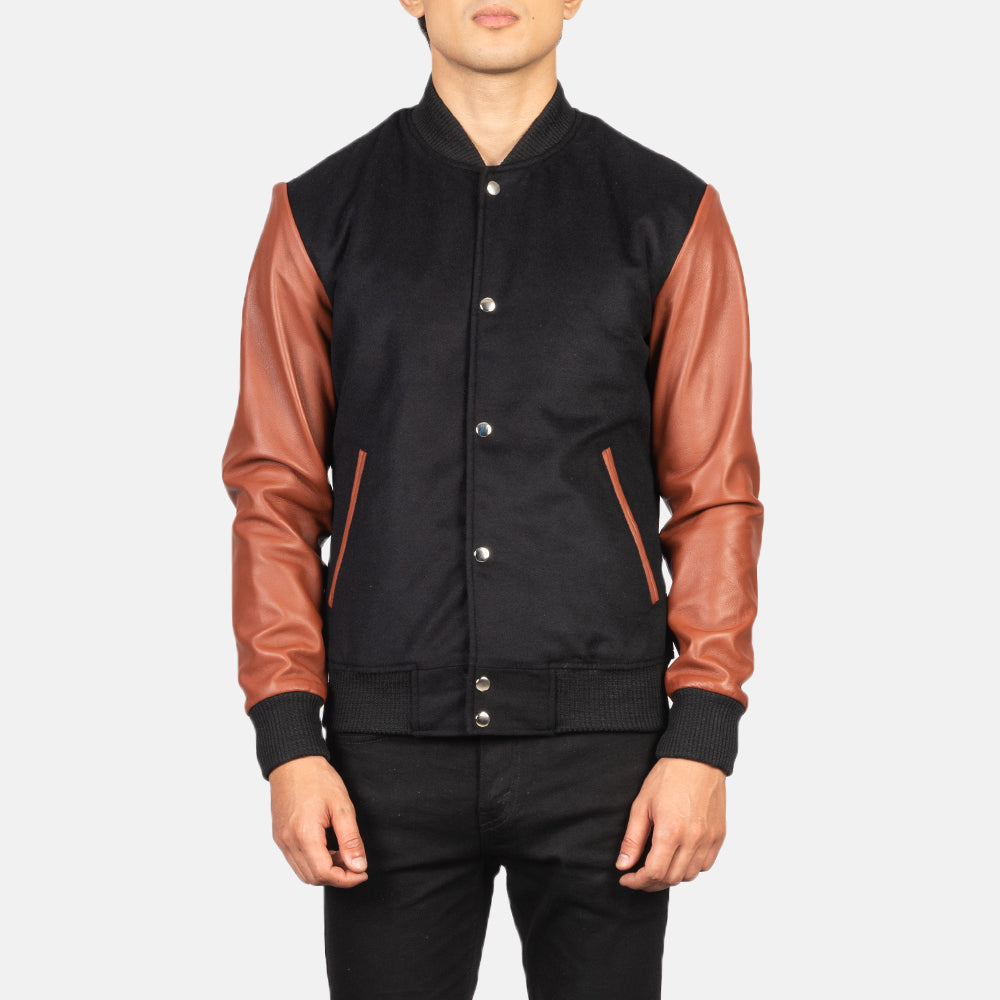 
Close-Up Detail of Varsity & Snap Buttons Hardware on Men's Vaxton Brown Hybrid Varsity Jacket