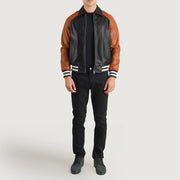 
Walton Blue Leather Varsity Jacket - Lateral Side Profile View Showing Sleeve Cut & Athletic Taper Fit