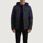 
Wayne Black & Blue Hooded Puffer Jacket in Black + Blue Full-Grain Leather - Front Profile View & Tailored Silhouette | Buy Online