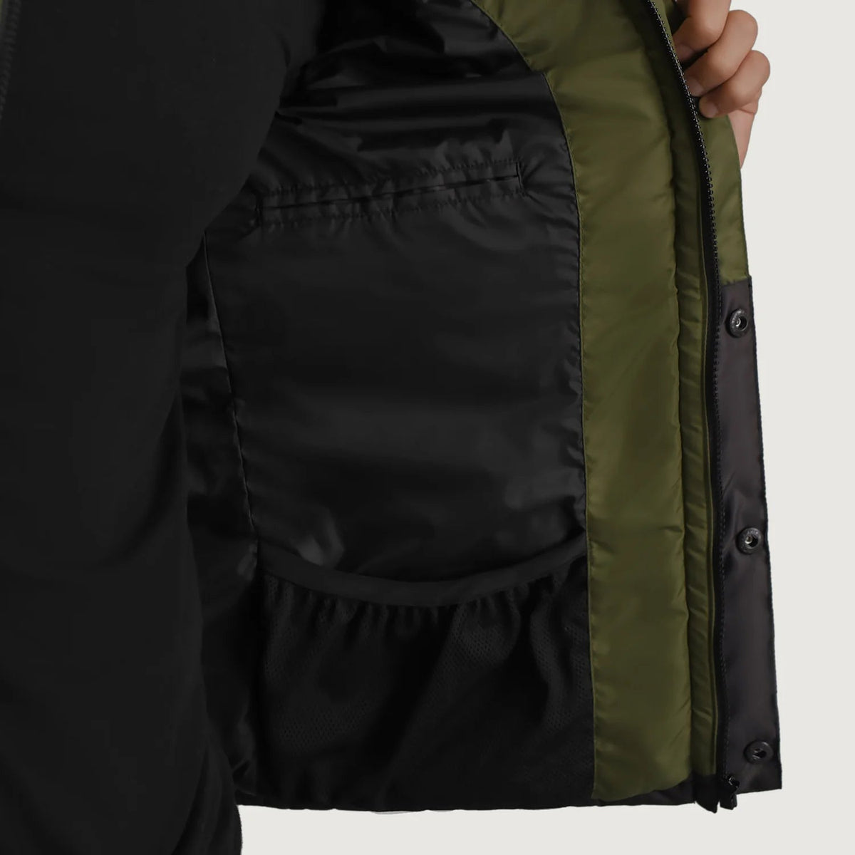 
Black + Green Full-Grain Leather Hooded Jacket - Back View Showing Tailored Shoulder Fit & Clean Hemline