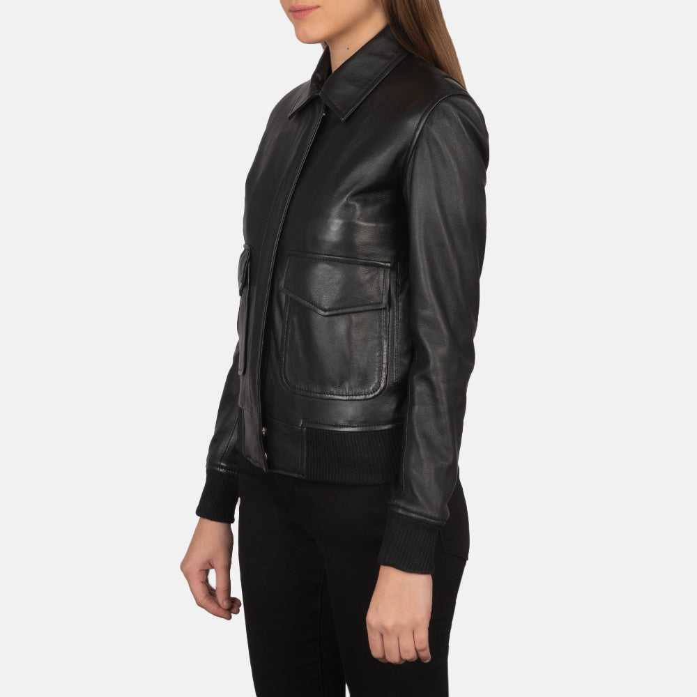 
Black Sheepskin Leather Bomber Jacket - Back View Showing Tailored Shoulder Fit & Clean Hemline