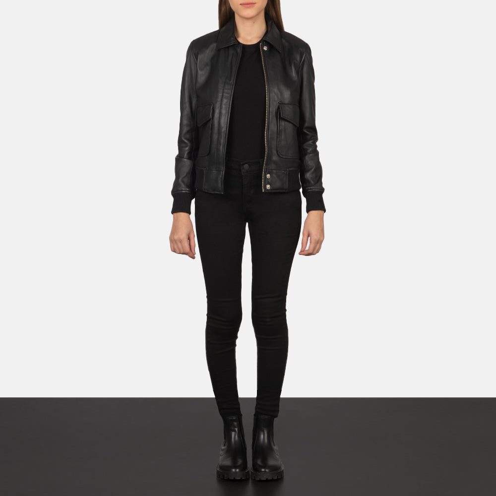 
Women's Westa A-2 Black Leather Bomber Jacket - Lateral Side Profile View Showing Sleeve Cut & Athletic Taper Fit