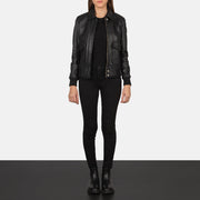 
Women's Westa A-2 Black Leather Bomber Jacket - Lateral Side Profile View Showing Sleeve Cut & Athletic Taper Fit