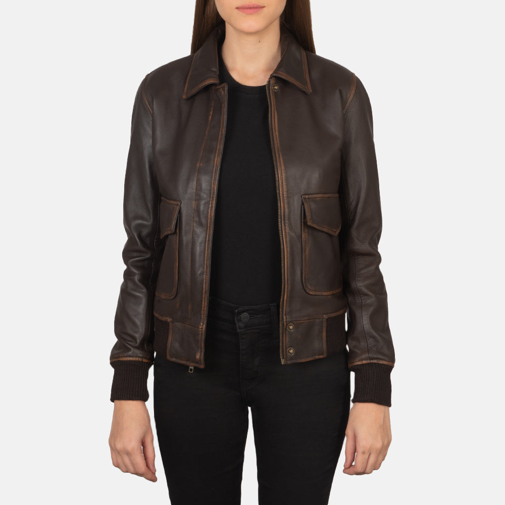 
Rib knit & Hem Craftsmanship Construction Detail on Women's Westa A-2 Black Leather Bomber Jacket
