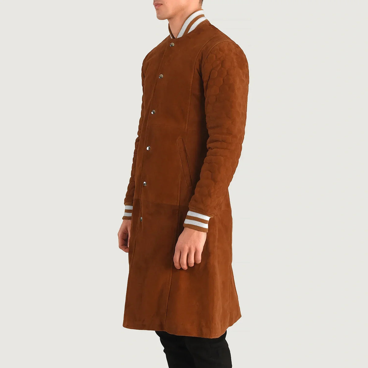 
Tan Bown Goatskin Suede Varsity Jacket - Back View Showing Tailored Shoulder Fit & Clean Hemline