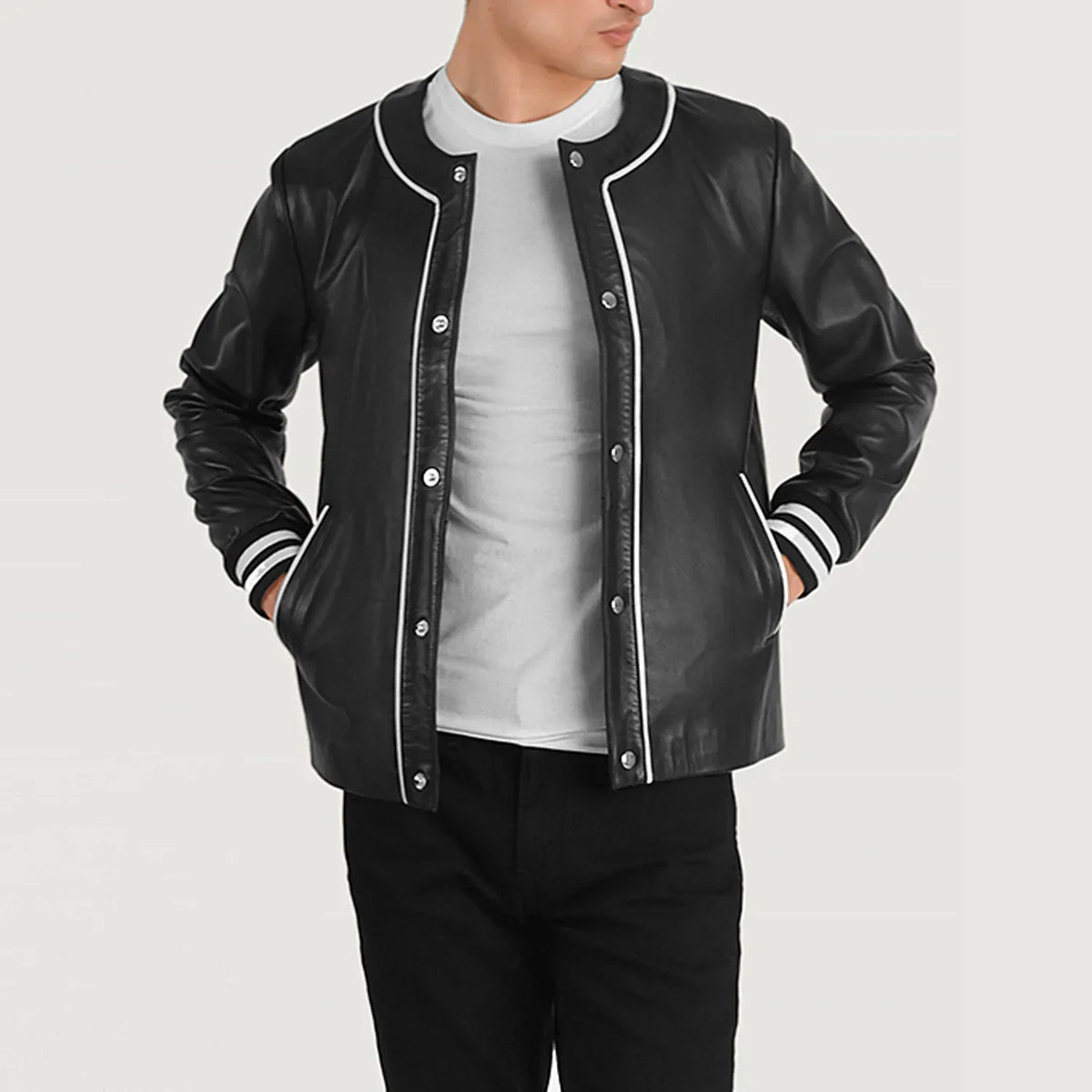 
Willis Black Leather Varsity Jacket in Black Sheepskin Leather - Front Profile View & Tailored Silhouette | Buy Online