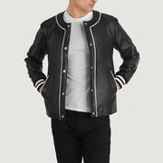 
Willis Black Leather Varsity Jacket in Black Sheepskin Leather - Front Profile View & Tailored Silhouette | Buy Online