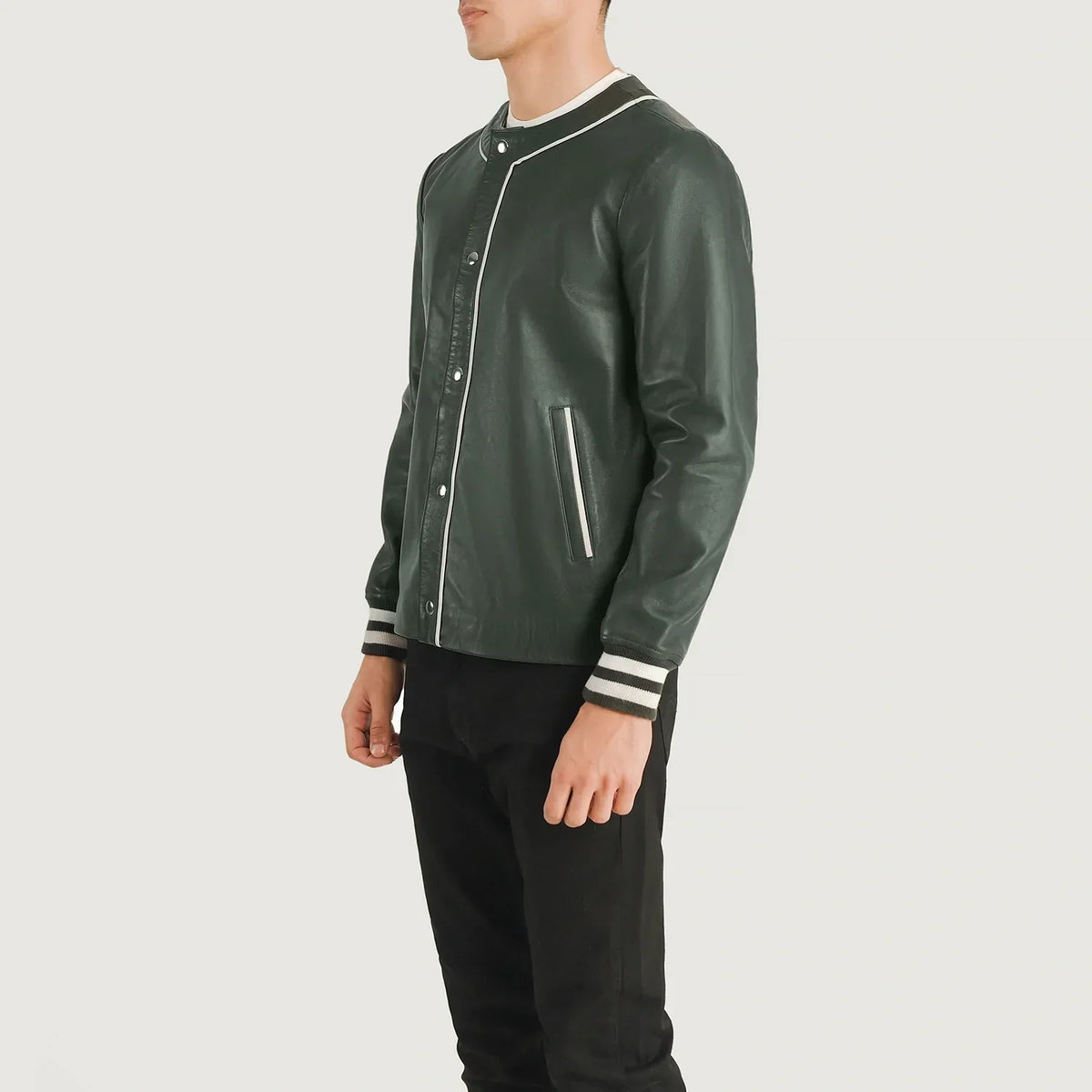 
Styled Fit Perspective of Willis Black Leather Varsity Jacket on Model - Natural Daylight Drape