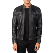 
Youngster Distressed Black Leather Jacket in Black Goatskin Snuffed - Front Profile View & Tailored Silhouette | Buy Online