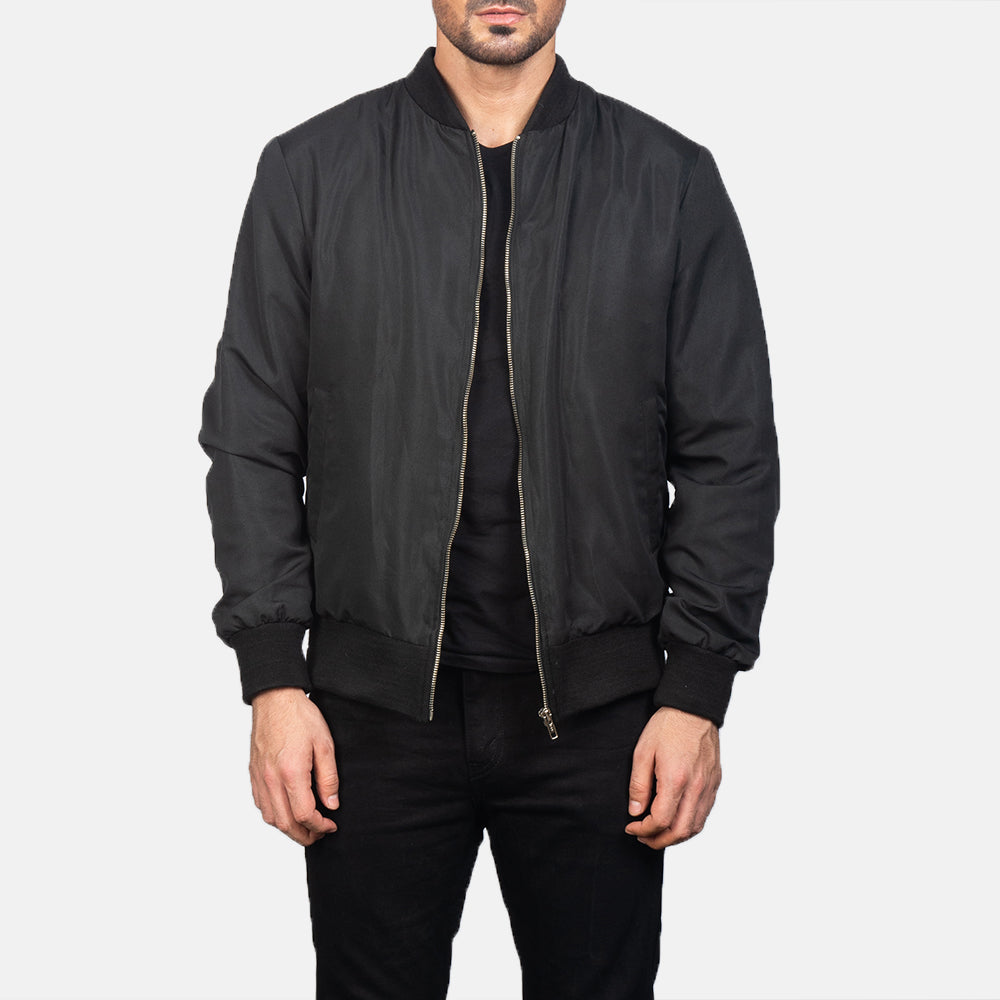 
Men's Zack Black Bomber Jacket in Black Polyester - Front Profile View & Tailored Silhouette | Buy Online