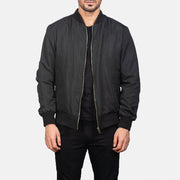 
Men's Zack Black Bomber Jacket in Black Polyester - Front Profile View & Tailored Silhouette | Buy Online