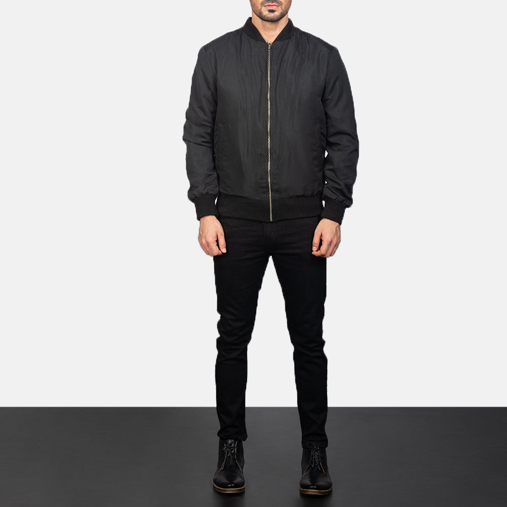 
Men's Zack Black Bomber Jacket - Lateral Side Profile View Showing Sleeve Cut & Athletic Taper Fit