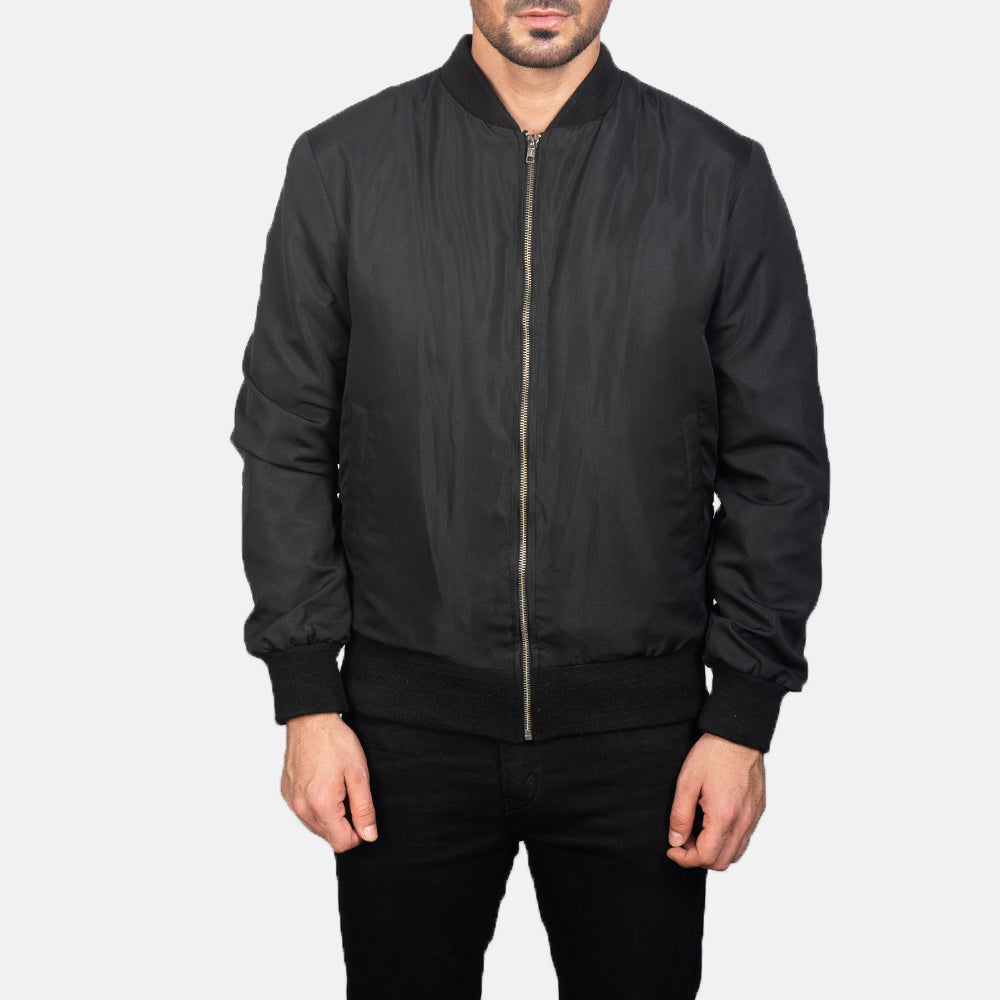 
Close-Up Detail of Varsity & Zipper Hardware on Men's Zack Black Bomber Jacket