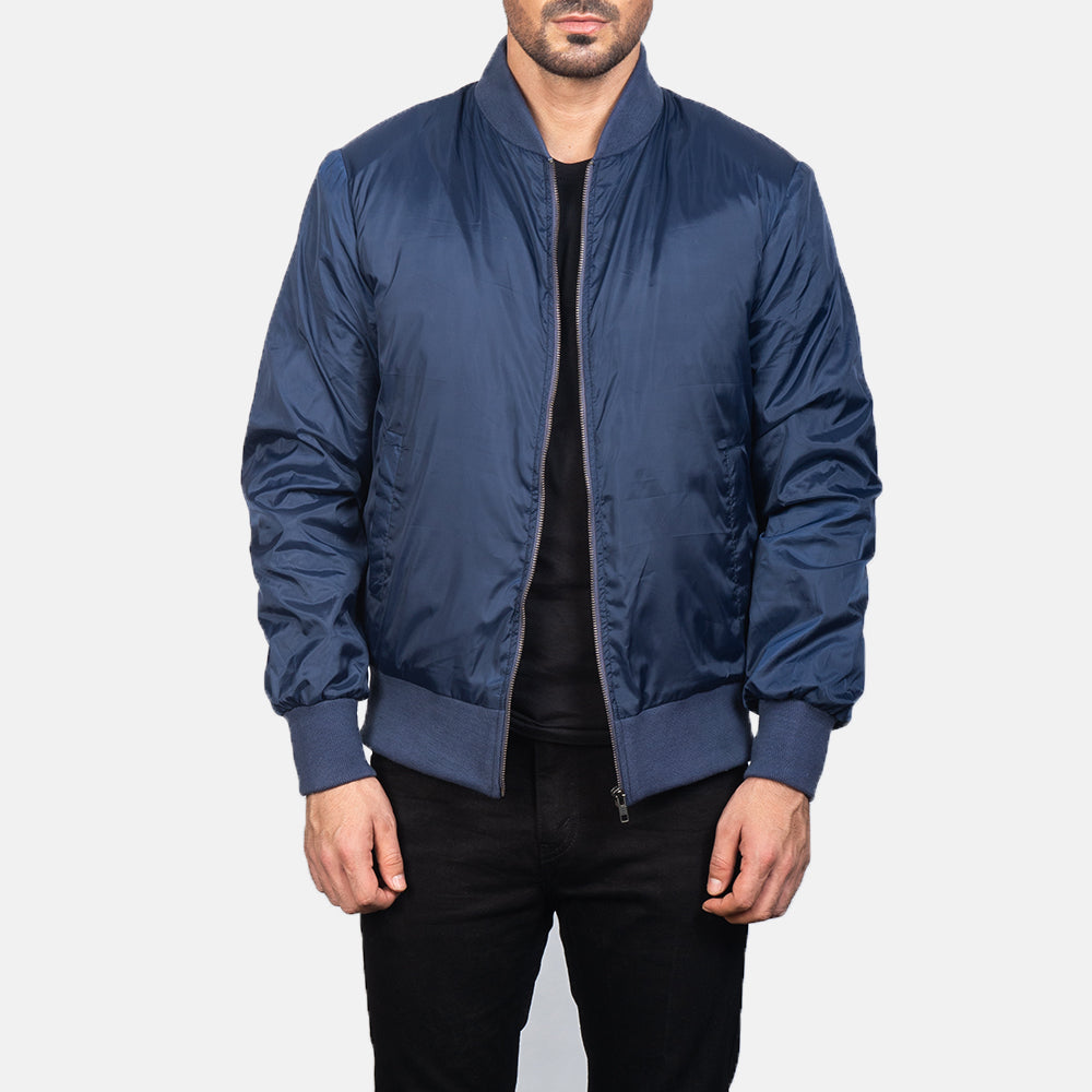 
Men's Zack Blue Bomber Jacket in Blue Nylon - Front Profile View & Tailored Silhouette | Buy Online