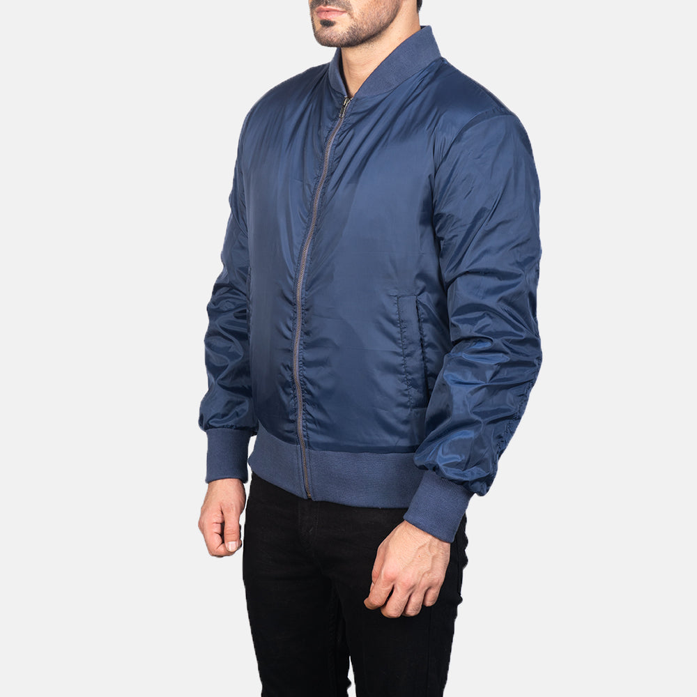 
Blue Nylon Bomber Jacket - Back View Showing Tailored Shoulder Fit & Clean Hemline