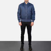 
Men's Zack Blue Bomber Jacket - Lateral Side Profile View Showing Sleeve Cut & Athletic Taper Fit