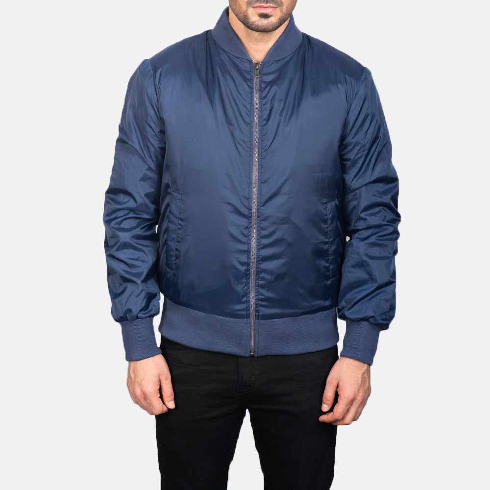 
Close-Up Detail of Varsity & Zipper Hardware on Men's Zack Blue Bomber Jacket