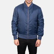 
Close-Up Detail of Varsity & Zipper Hardware on Men's Zack Blue Bomber Jacket