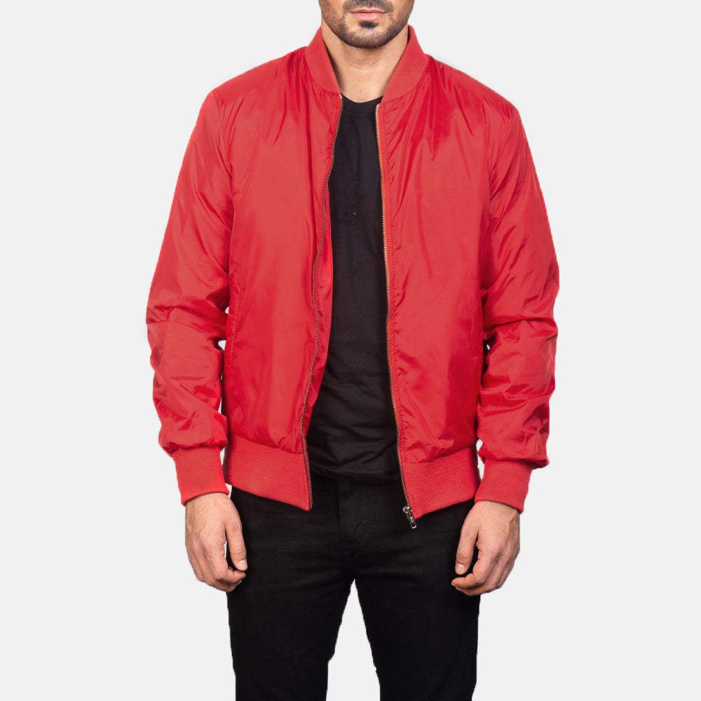
Men's Zack Red Bomber Jacket in Red Nylon - Front Profile View & Tailored Silhouette | Buy Online