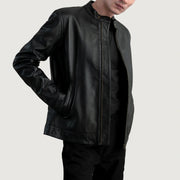 
Zen Black Leather Biker Jacket - Lateral Side Profile View Showing Sleeve Cut & Athletic Taper Fit