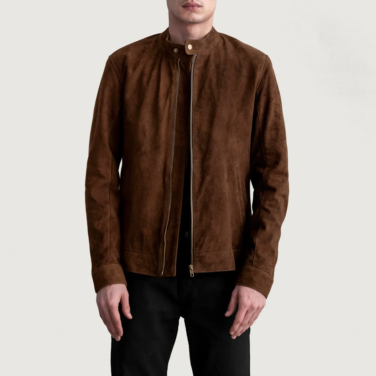 
Zen Brown Suede Biker Jacket in Brown Goatskin Suede - Front Profile View & Tailored Silhouette | Buy Online