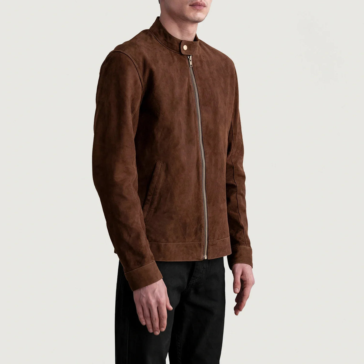 
Brown Goatskin Suede Biker Jacket - Back View Showing Tailored Shoulder Fit & Clean Hemline