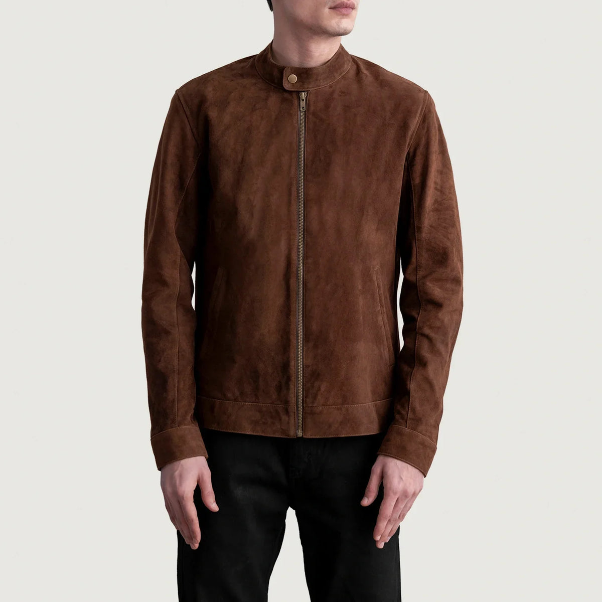 
Zen Brown Suede Biker Jacket - Lateral Side Profile View Showing Sleeve Cut & Athletic Taper Fit