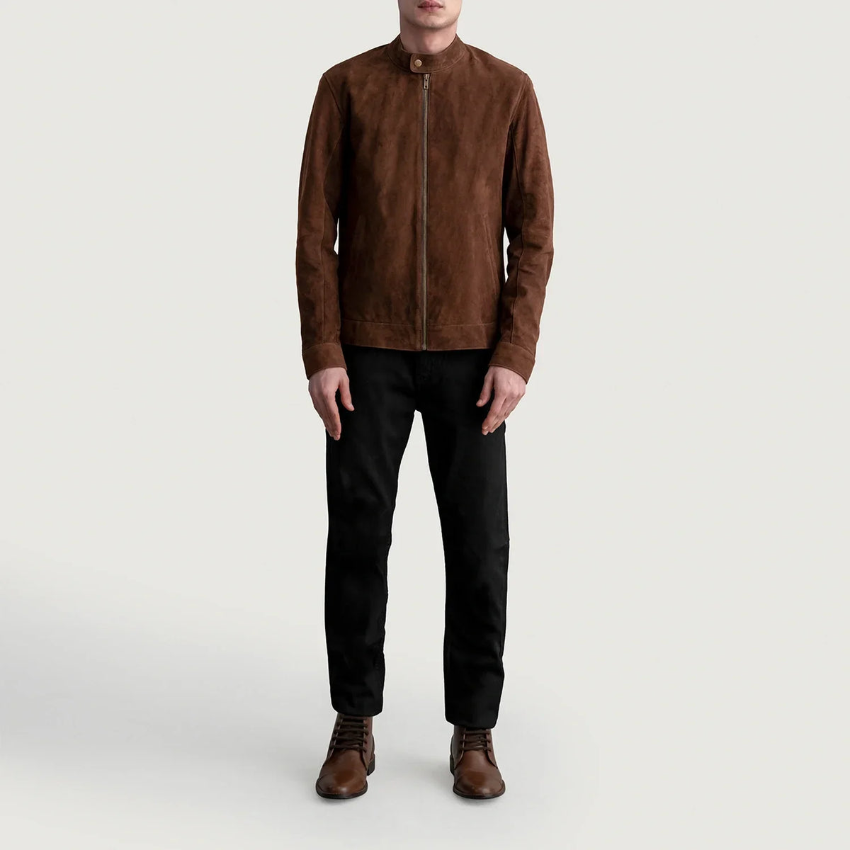
Close-Up Detail of Snap Button & Zipper Hardware on Zen Brown Suede Biker Jacket