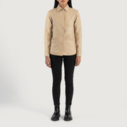 
Women's Zenith Beige Leather Shirt Jacket - Lateral Side Profile View Showing Sleeve Cut & Athletic Taper Fit