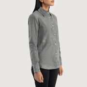 
Styled Fit Perspective of Women's Zenith Beige Leather Shirt Jacket on Model - Natural Daylight Drape